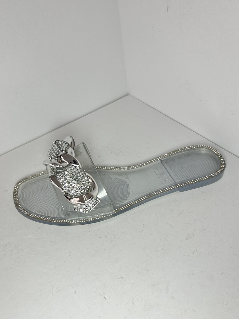 Clear Silver Chain-Embellished Slide Sandal